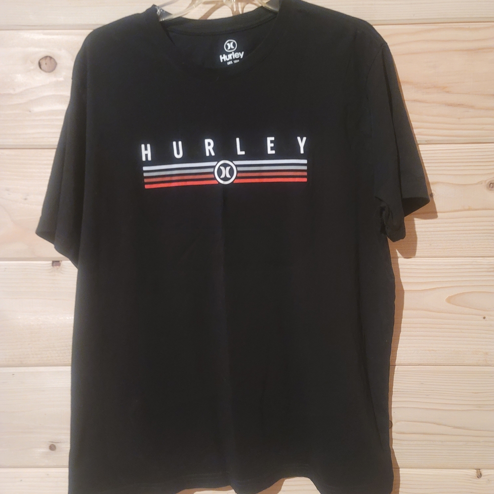 Hurley Men's Black Tee with Red and White Stripes Size L 23x29